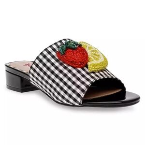 Betsey Johnson Black and White Lindyy Mules with Fruit Embellishments